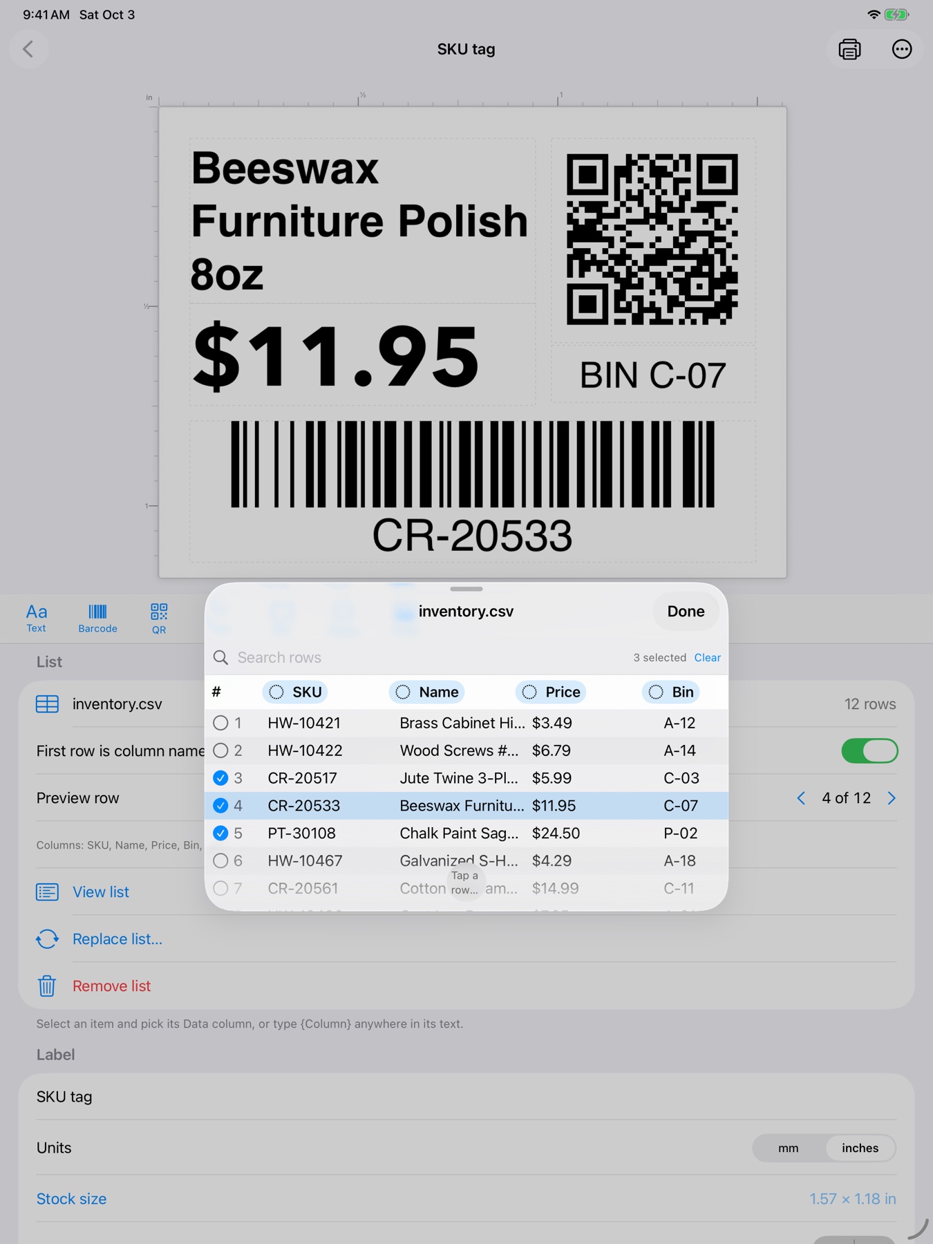 Batch printing: the inventory list drives the live preview