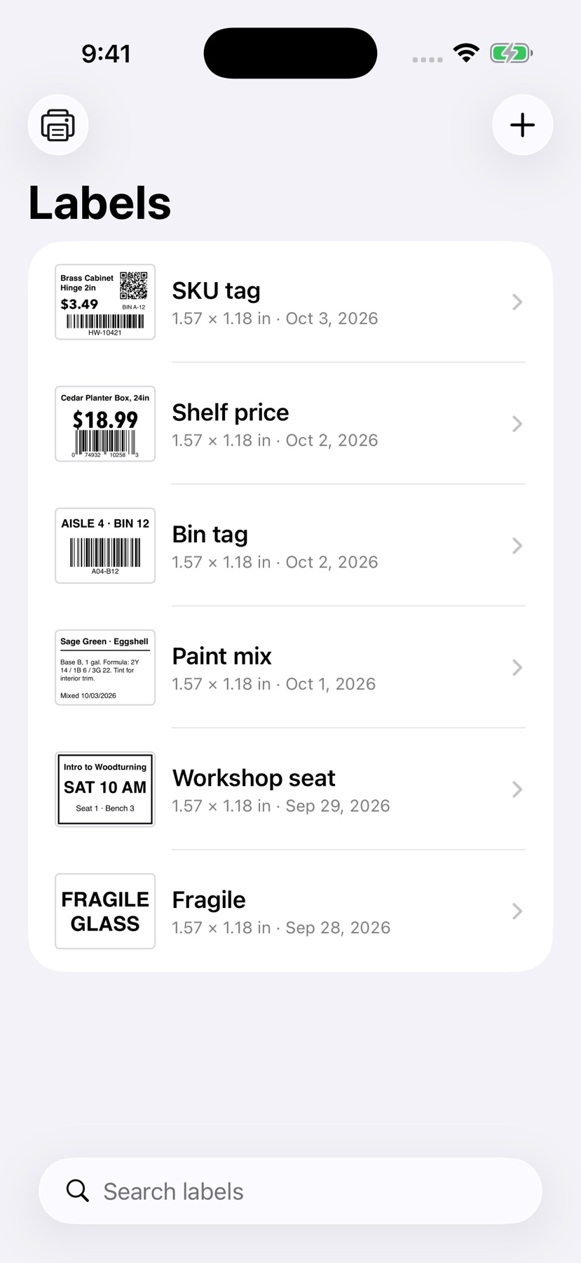 Your saved labels, each with a live preview