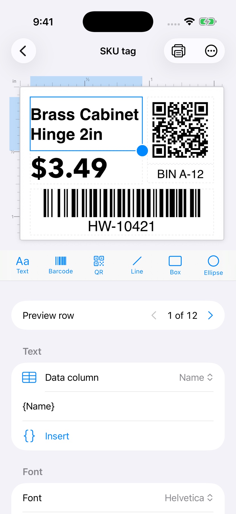 SKU tag with barcode and QR, editing a data-bound field