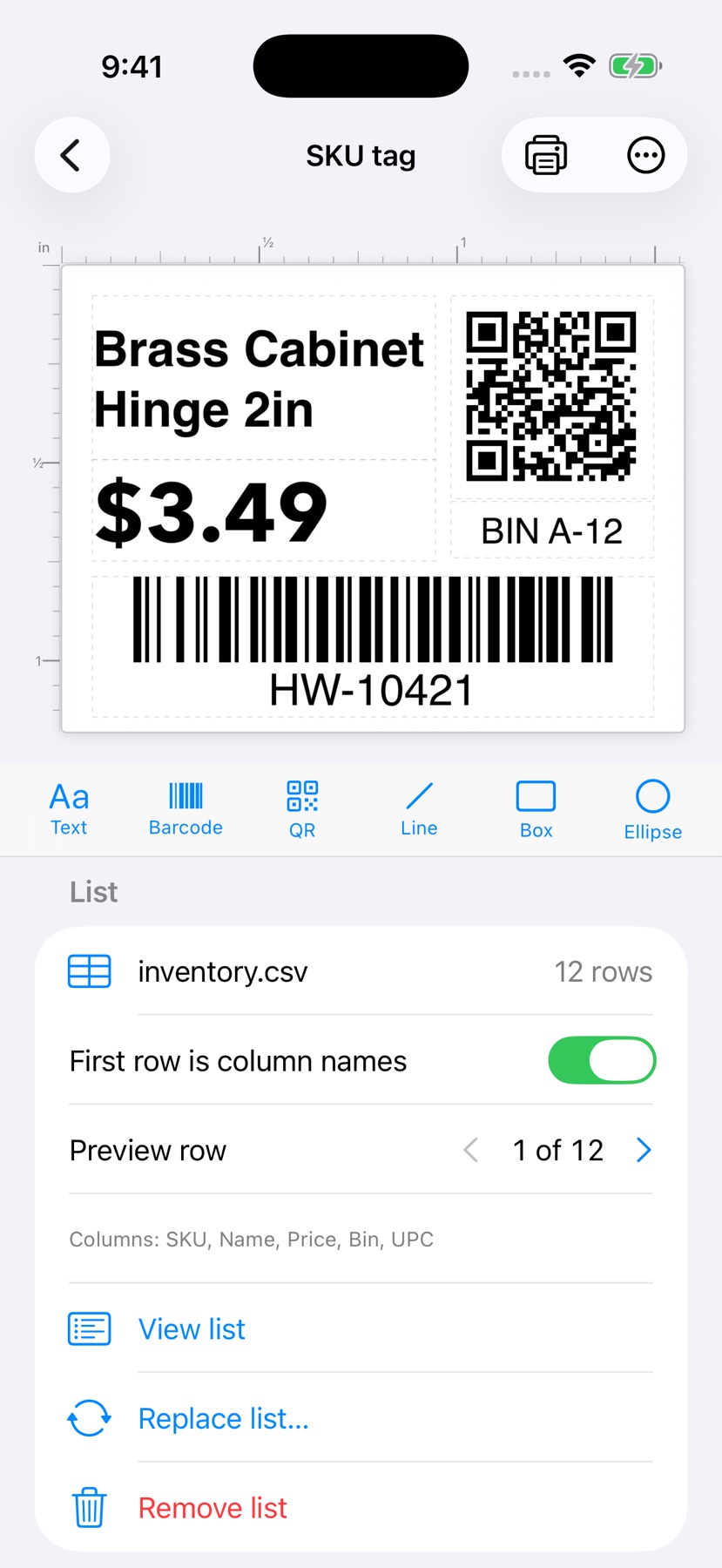 Attach an inventory CSV and preview any row on the label