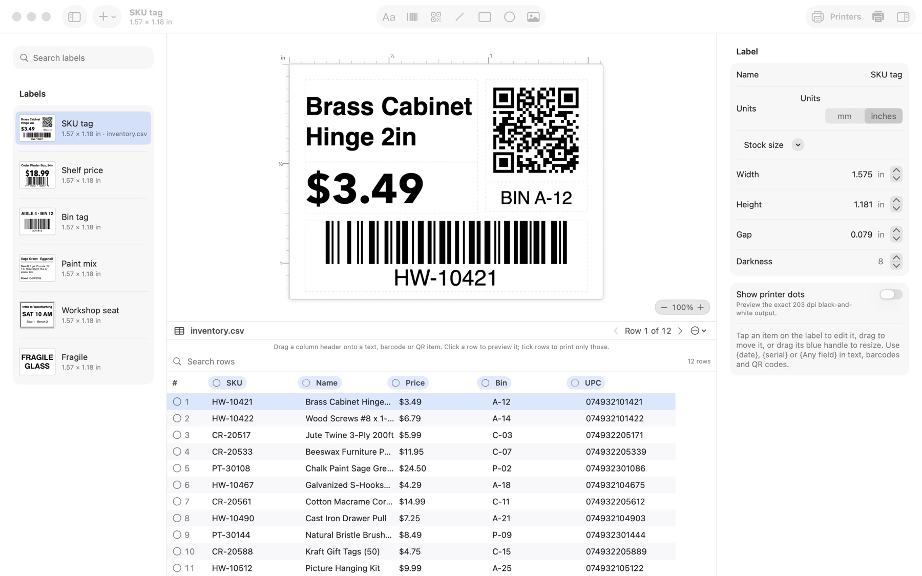 On the Mac: labels, canvas, data table and inspector in one window