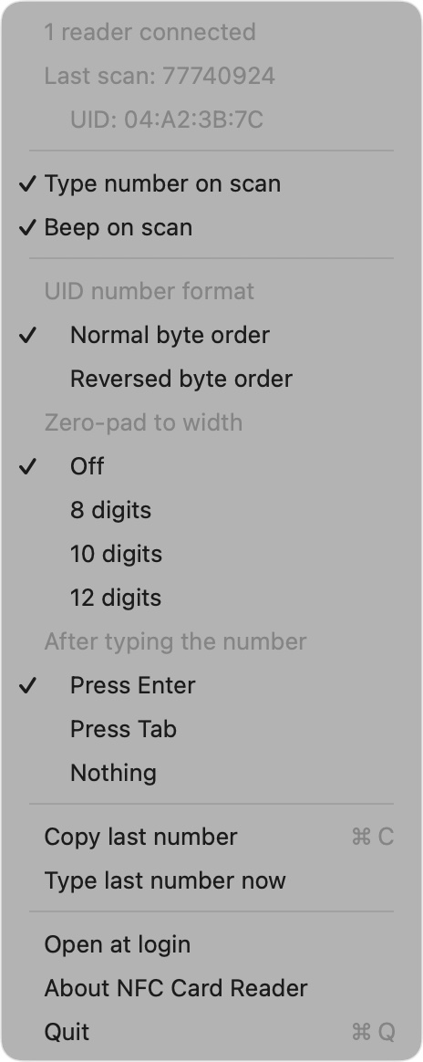 Menu bar controls: reader status, last scan and typing options