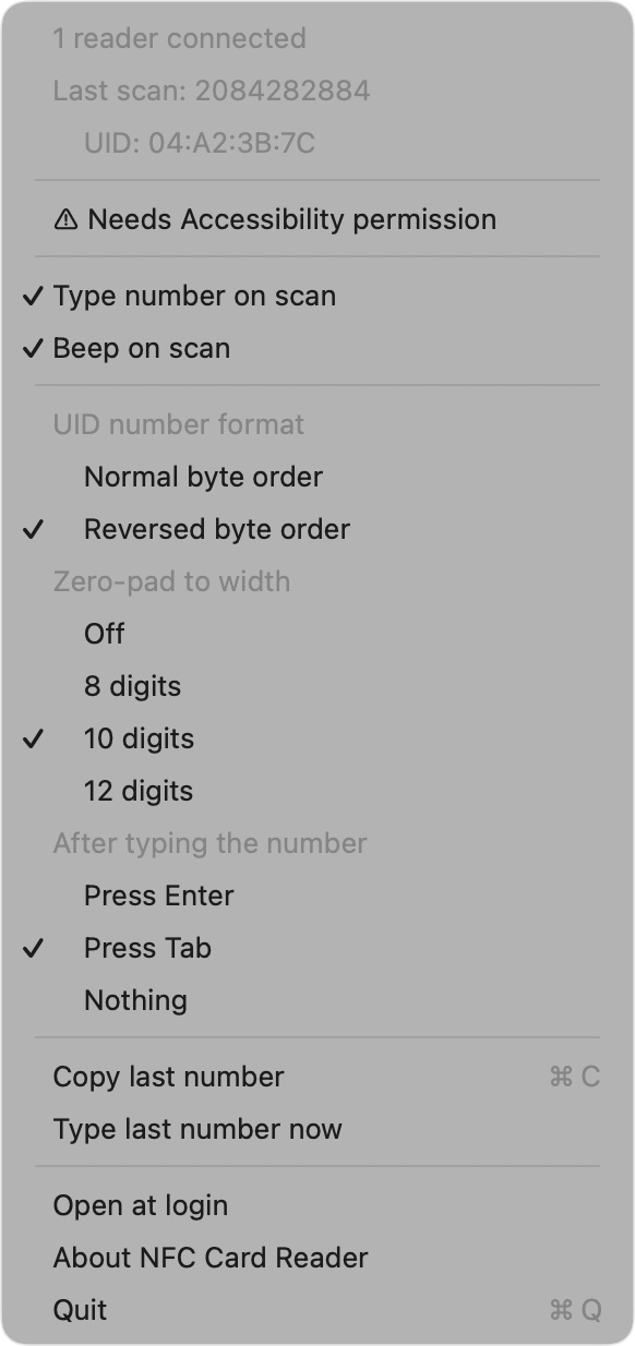 Reversed byte order, 10-digit padding and Tab after each scan