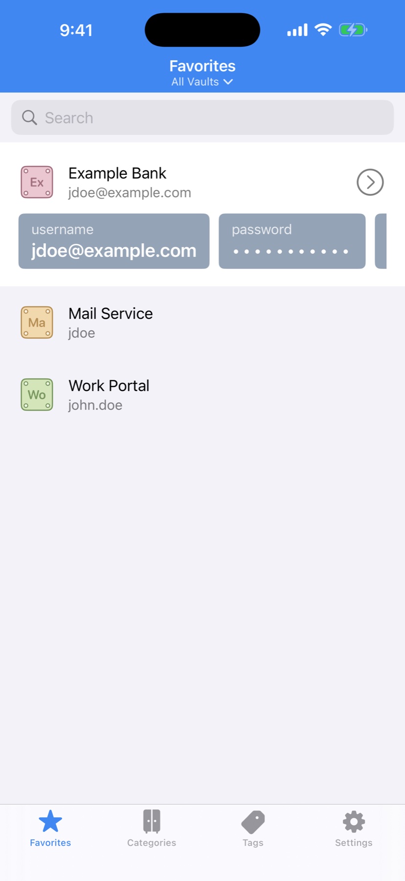 Favorites, with one-tap copy for username and password