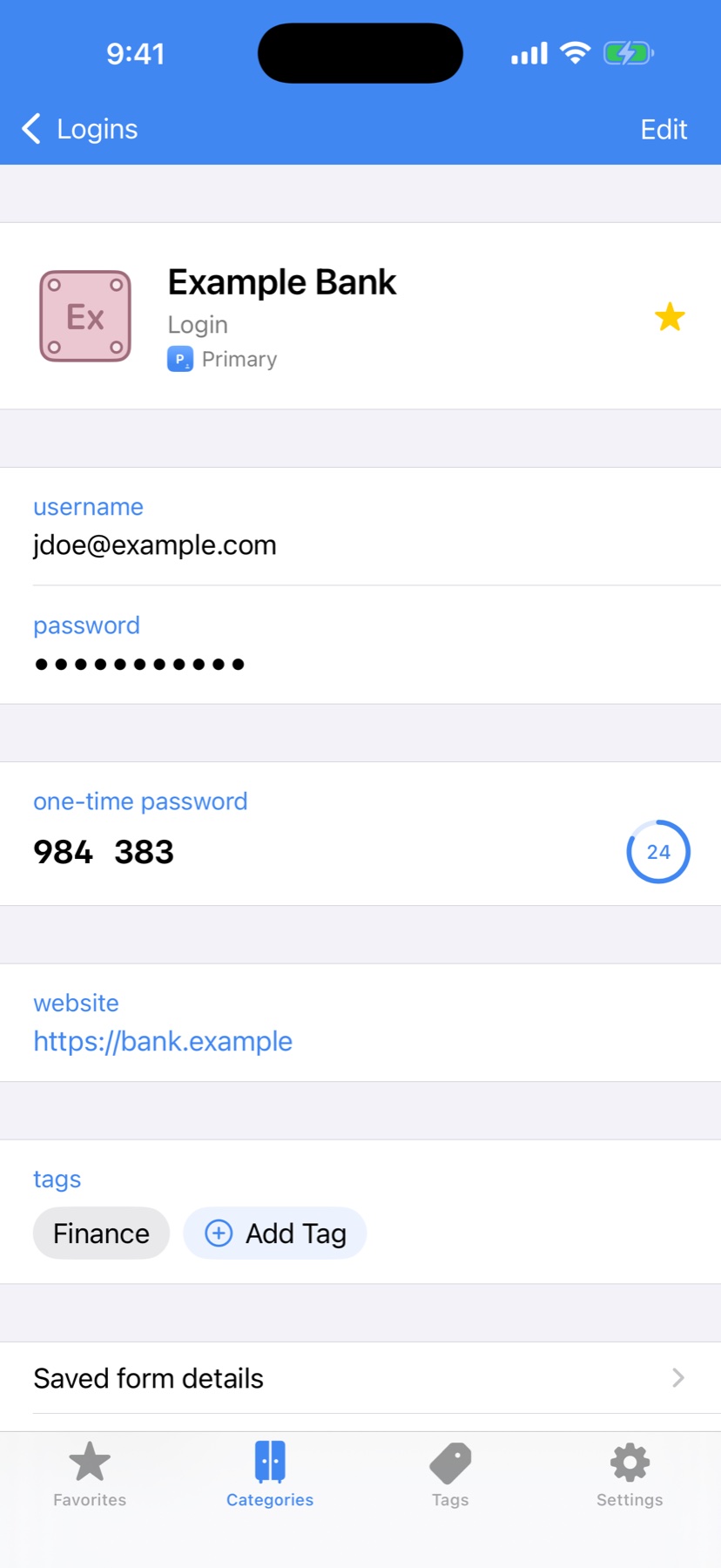 A login with its live one-time code and countdown