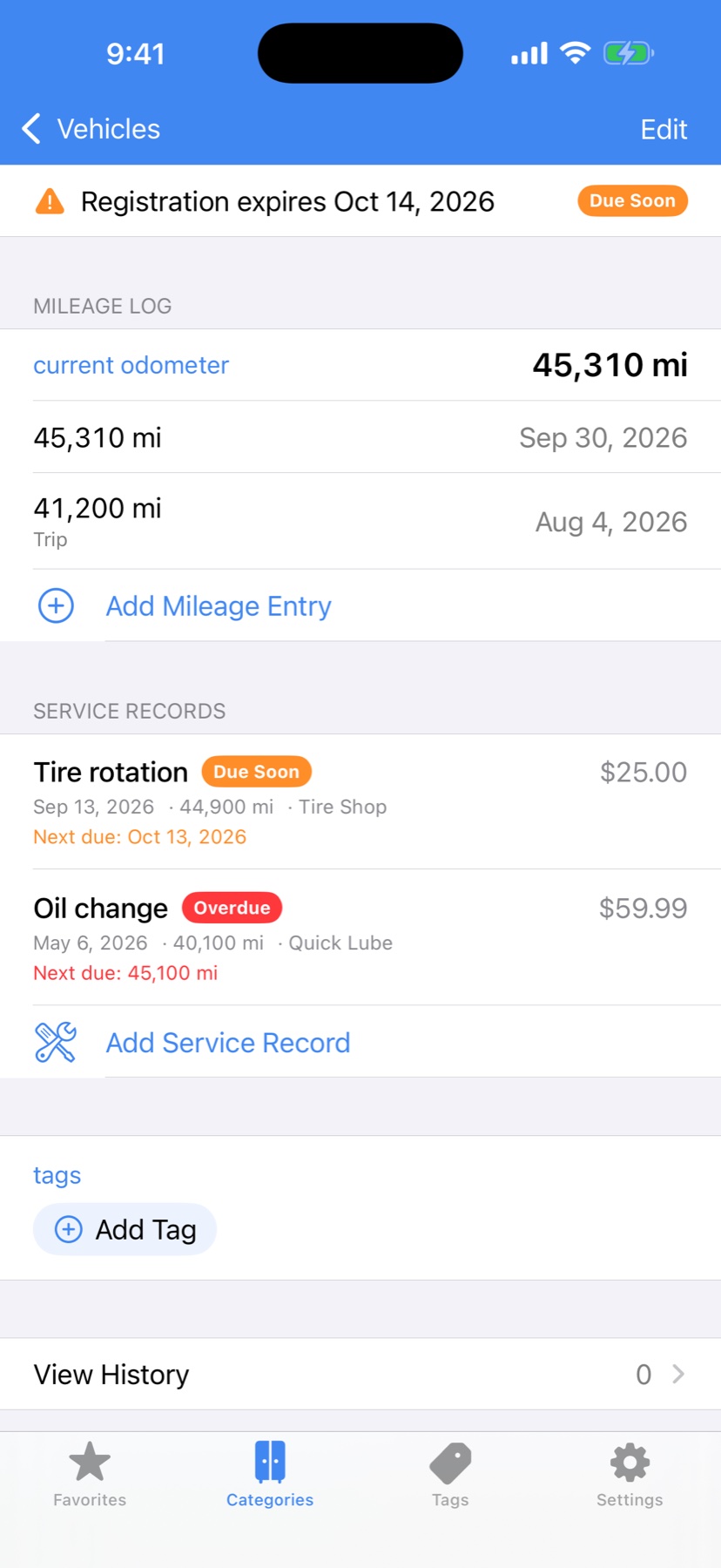 Vehicle log with mileage, service records and due-soon badges