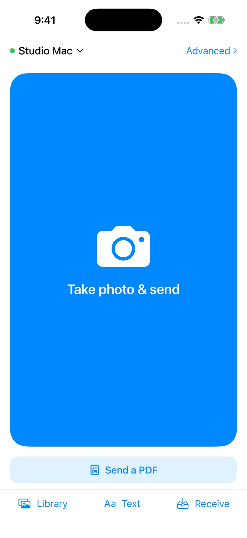 Simple mode: one big button sends straight to your Mac