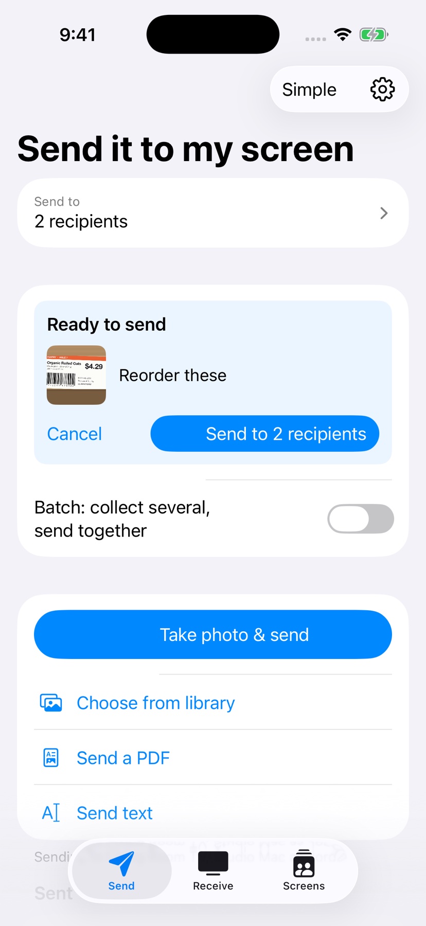 Shared from any app, ready to send to two screens